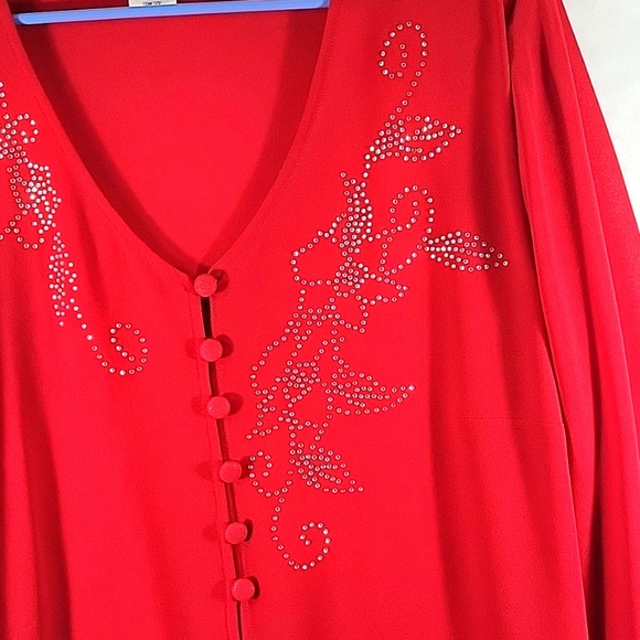 EY Boutique Red Crepe Button Down Blouse With Rhinestone Embellishment  Size 18W - Picture 3 of 9